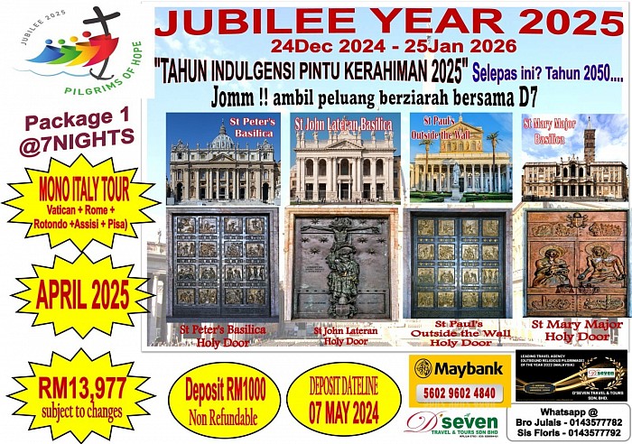 Package 1 @7Nights - Holy Door with Mono Italy Tour, April 2025 (**RM13,977)